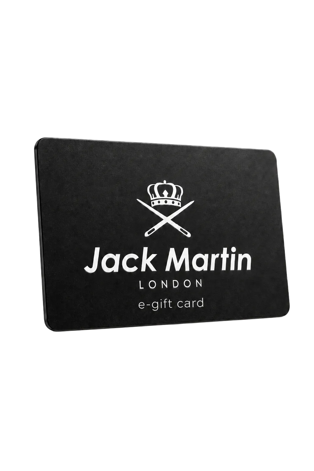 A black Jack Martin London e-gift card with white printed logo and text, shown standing upright on a clean white background.