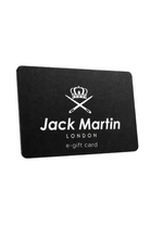 A black Jack Martin London e-gift card with white printed logo and text, shown standing upright on a clean white background.