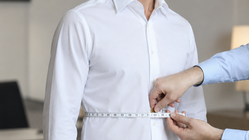 A man wearing a white long-sleeve dress shirt stands indoors while another person measures his waist with a tape measure. The man is also wearing dark trousers, and the setting appears to be a neutral indoor room with furniture in the background.