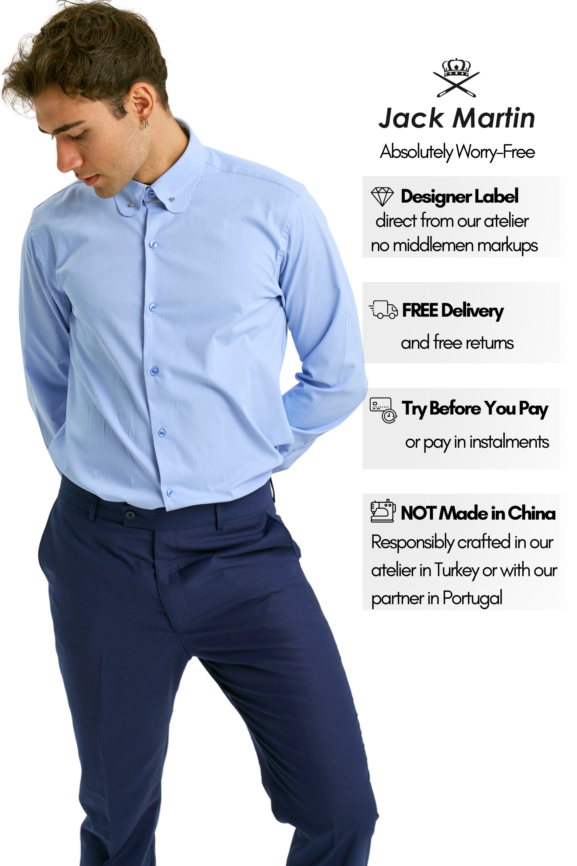 TOMMY - Blue Penny Collar Shirt with Collar Bar - Jack Martin