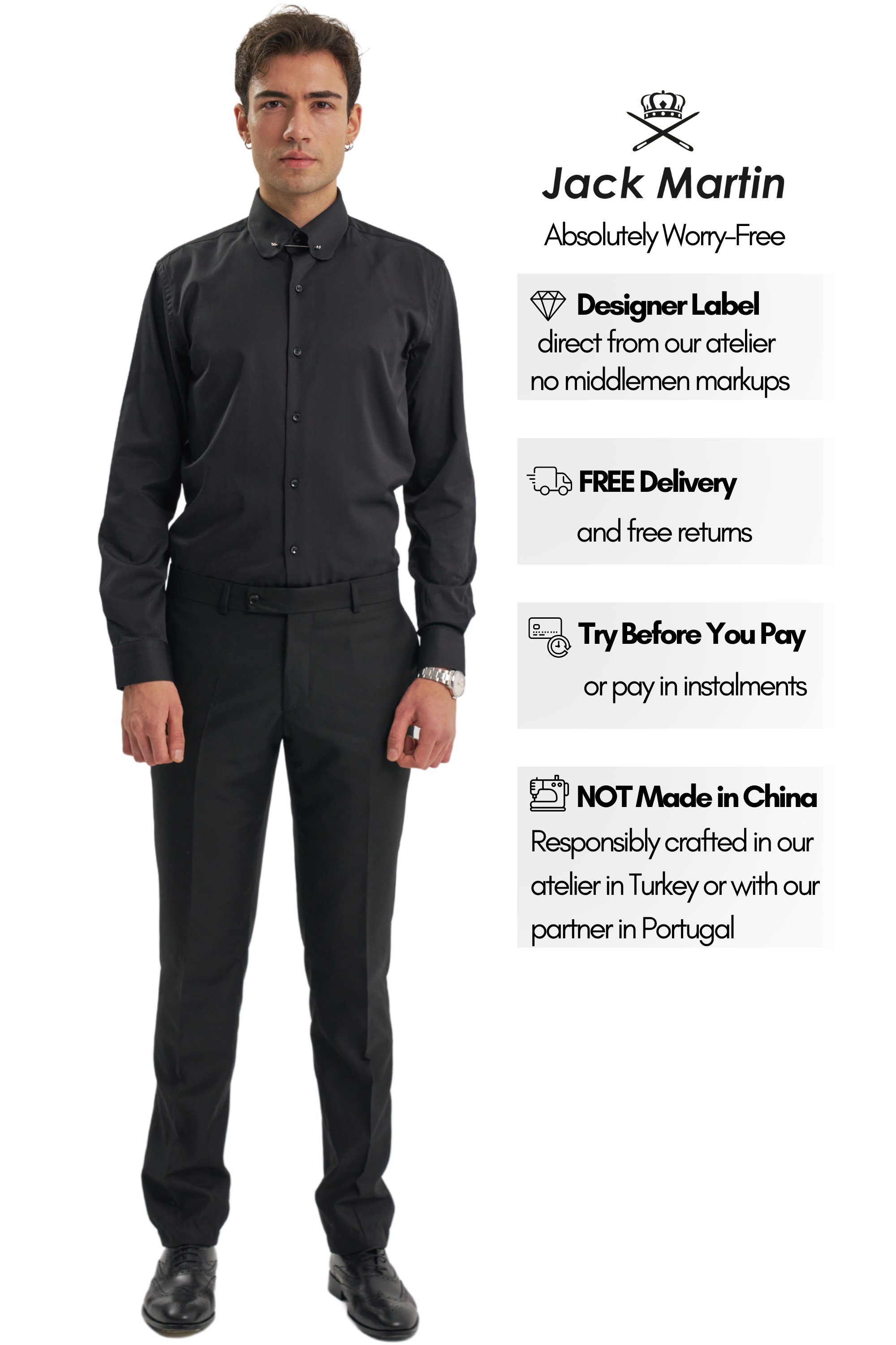 TOMMY - Black Penny Collar Shirt with Collar Bar - Jack Martin