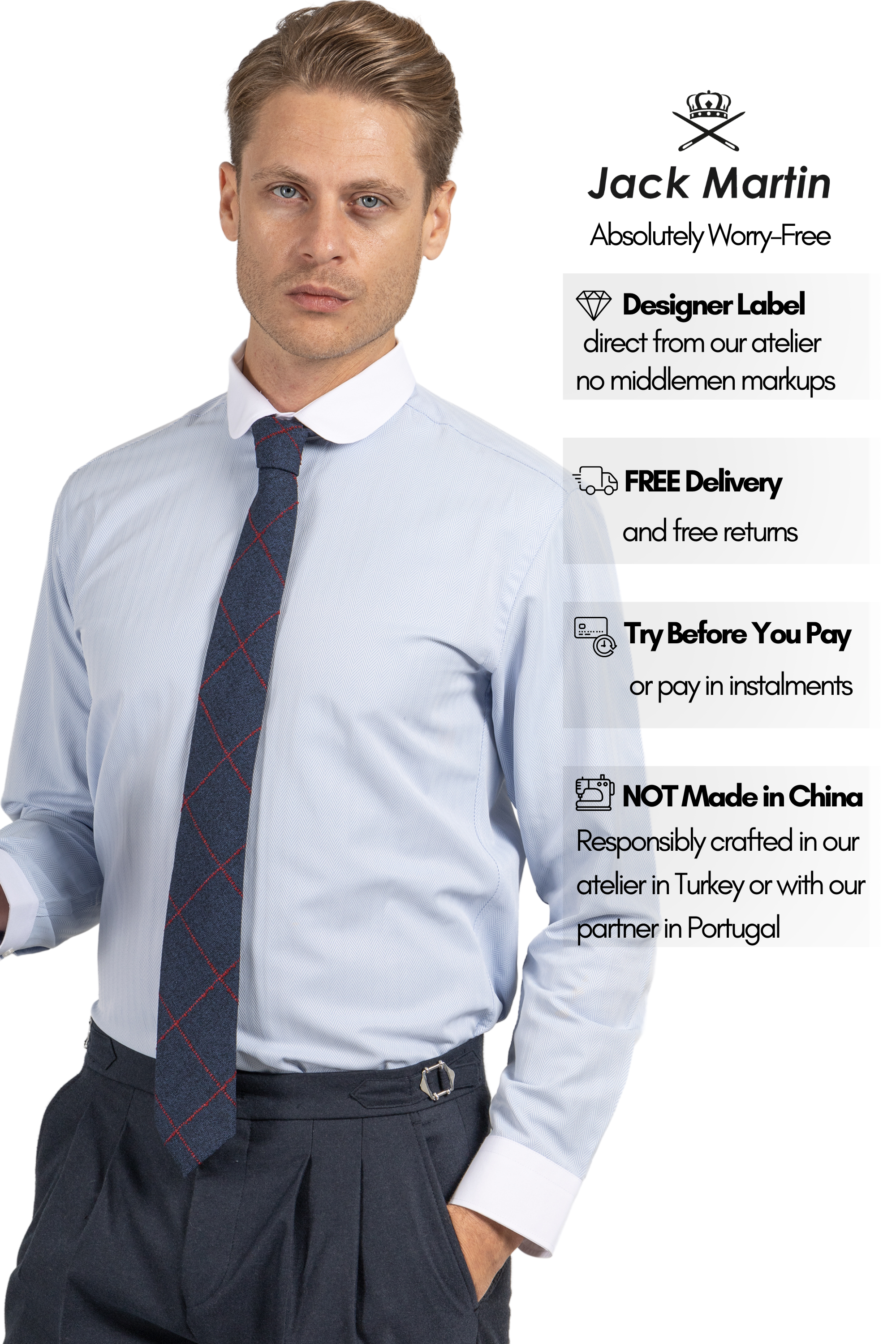 THOMAS - Blue Herringbone Penny Collar Shirt - Jack Martin