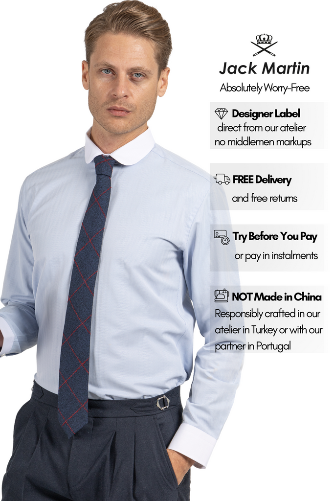 THOMAS - Blue Herringbone Penny Collar Shirt - Jack Martin