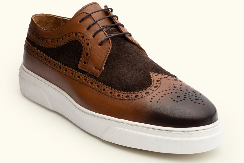 LUCAS - Tan Brown Leather Derby Brogue Trainers with White Sole - Jack Martin