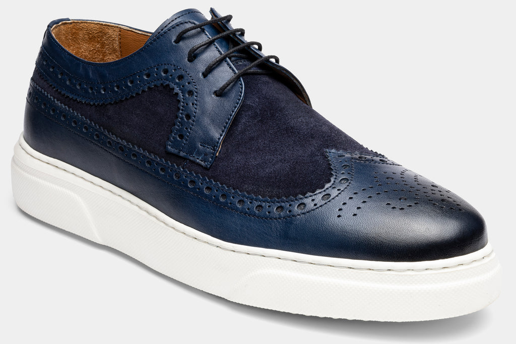 LUCAS - Navy Blue Leather Derby Brogue Trainers with White Sole - Jack Martin