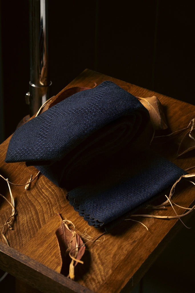 Tie & Hanky Set: Navy Blue Check Wool Tie & Hanky - Jack Martin