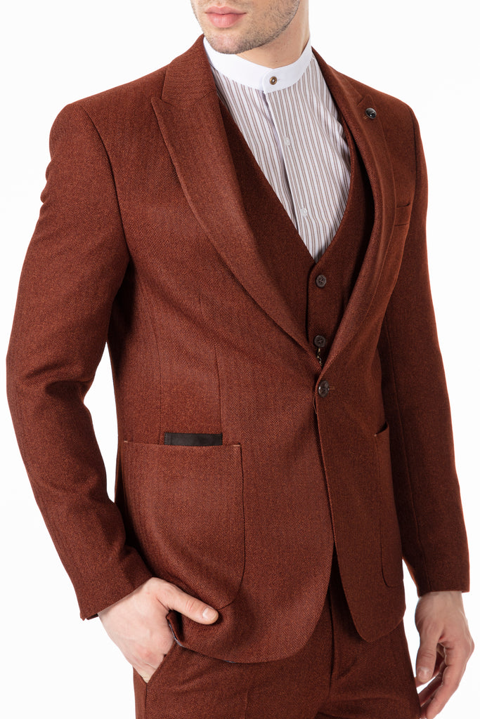 JOHN - Tobacco Brown Tweed Herringbone Blazer with Patch Pockets - Jack Martin Menswear