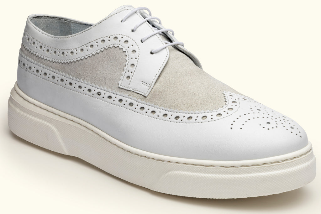LUCAS - White Leather Derby Brogue Trainers with White Sole - Jack Martin