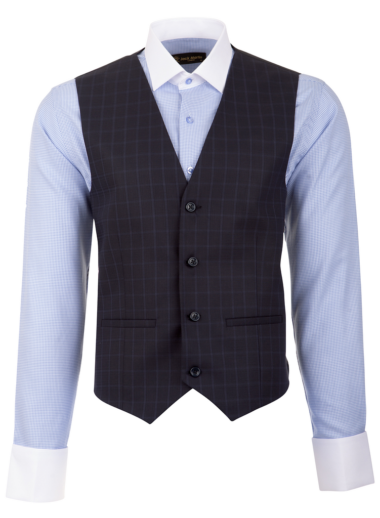 Navy Windowpane Check Suit Waistcoat - Jack Martin Menswear