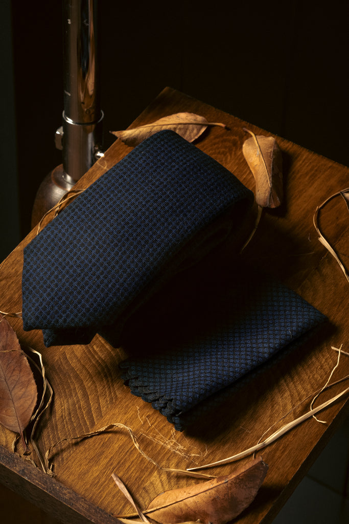 Tie & Hanky Set: Navy Patterned Wool Tie & Hanky - Jack Martin