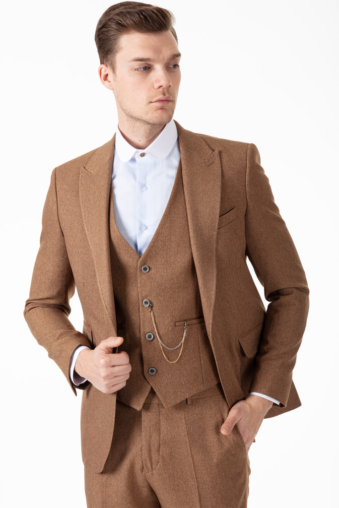 TOMMY - Tan Tweed Waistcoat - Jack Martin Menswear