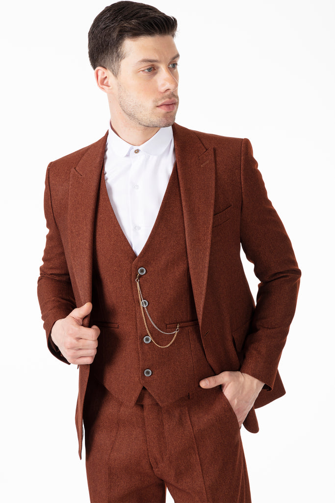 TOMMY - Tobacco Brown Tweed Waistcoat - Jack Martin Menswear