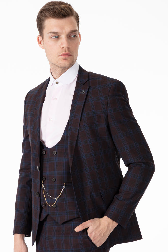 OSCAR - Burgundy Bold Check Tailored Fit 3 Piece Suit - Jack Martin Menswear