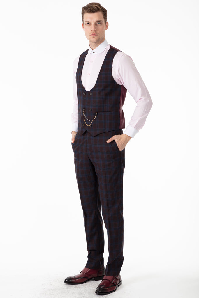 OSCAR - Burgundy Bold Check Tailored Fit 3 Piece Suit - Jack Martin Menswear