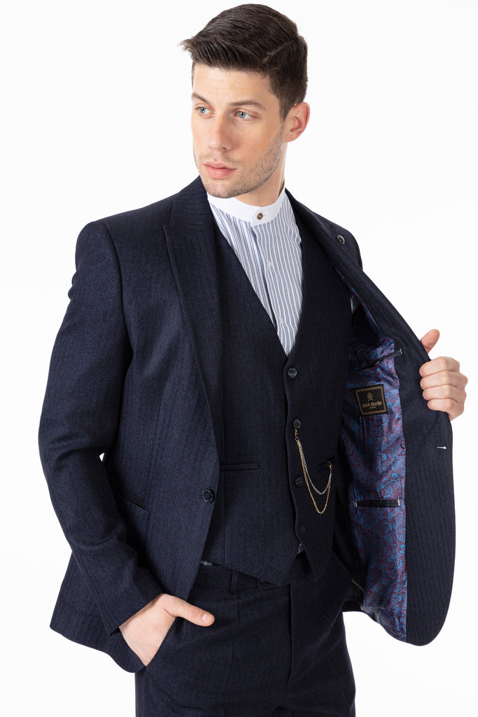 JOHN - Navy Tweed Herringbone 3 Piece Suit with Patch Pockets - Jack Martin Menswear