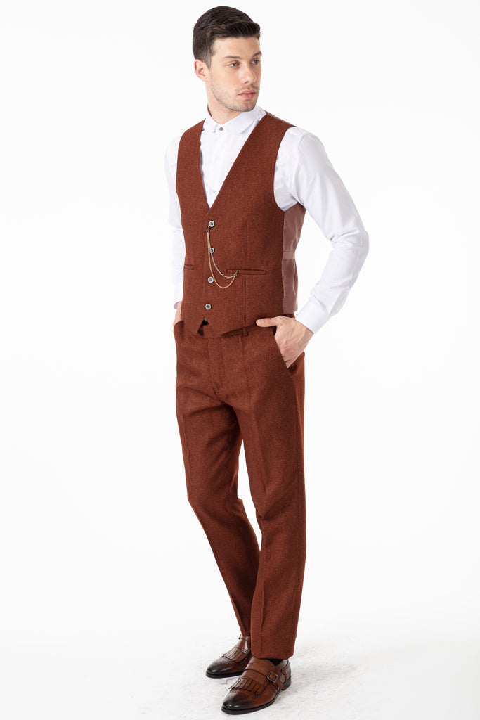 TOMMY - Tobacco Brown Tweed Waistcoat - Jack Martin Menswear