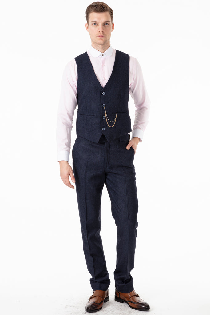 TOMMY - Navy Herringbone Tweed Waistcoat - Jack Martin Menswear