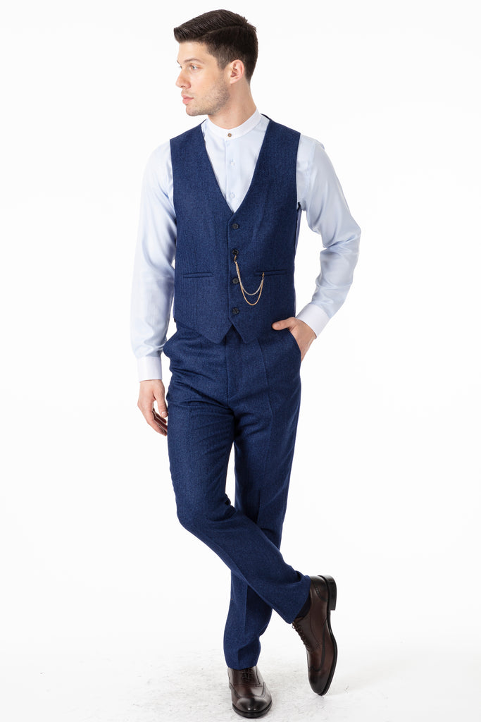 JOHN - Blue Tweed Herringbone Waistcoat - Jack Martin Menswear