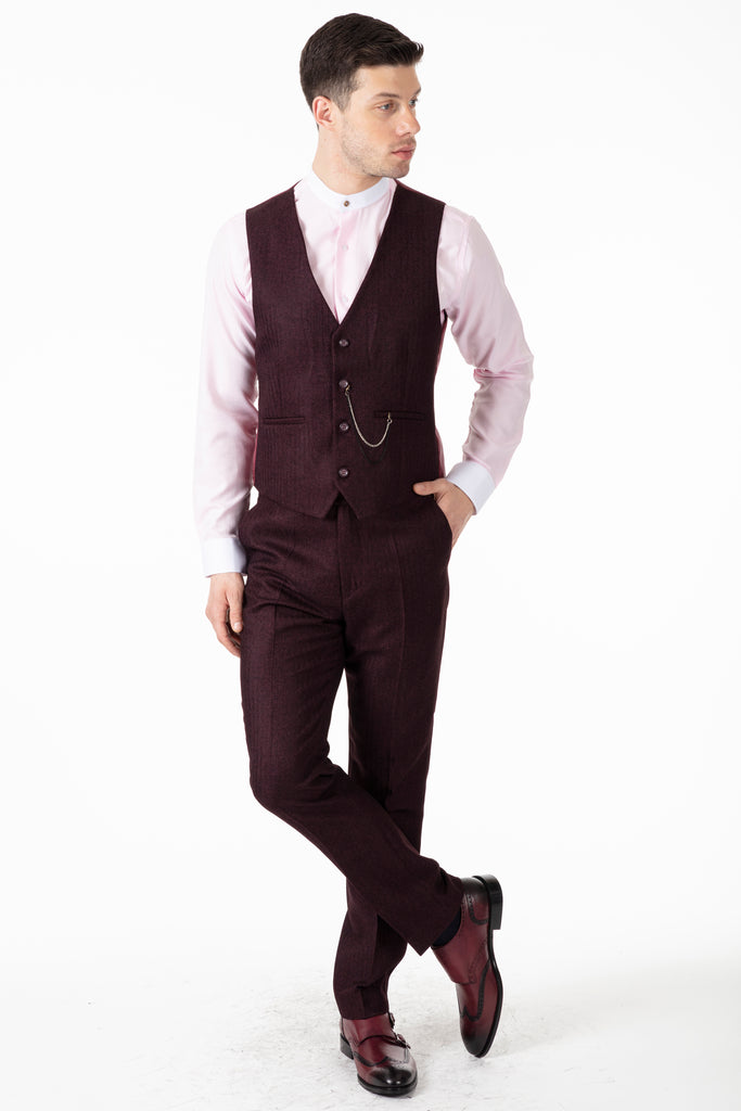 JOHN - Burgundy Tweed Herringbone Trousers - Jack Martin Menswear