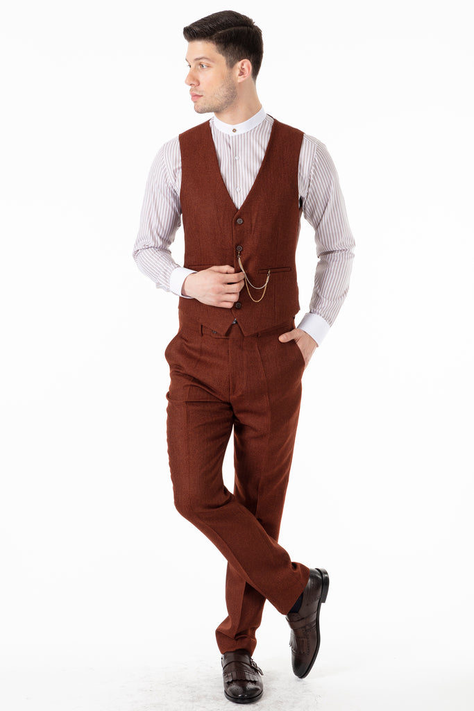 JOHN - Tobacco Brown Tweed Herringbone Trousers - Jack Martin Menswear