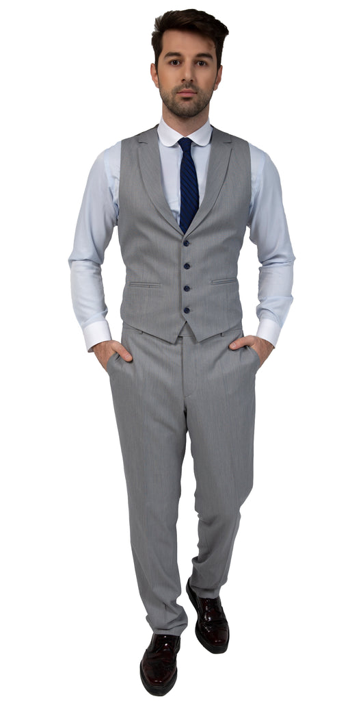Grey & Blue Textured Collared Suit Waistcoat (PERCY) - Jack Martin Menswear