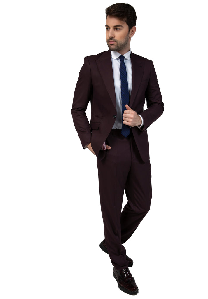 Burgundy Semi-Plain Suit with Peak Lapel (PERCY) - Jack Martin Menswear