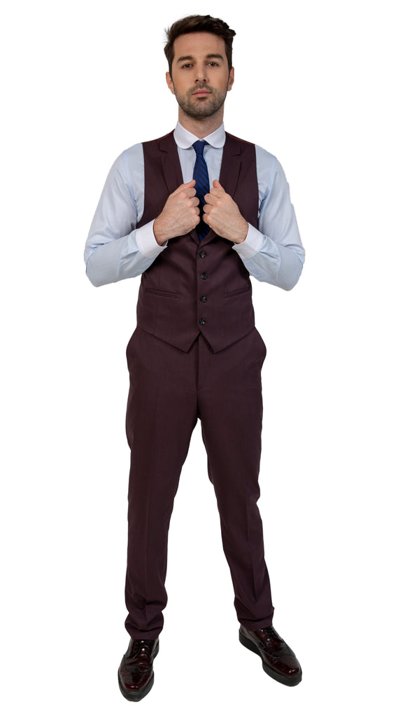 Burgundy Semi Plain Collared Suit Waistcoat (PERCY) - Jack Martin Menswear