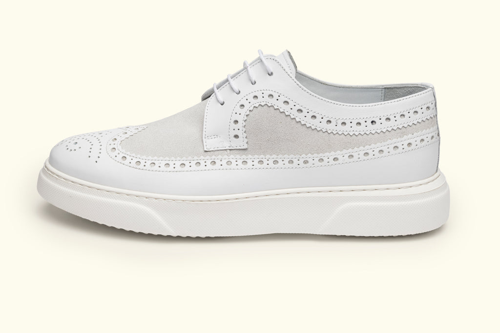 LUCAS - White Leather Derby Brogue Trainers with White Sole - Jack Martin