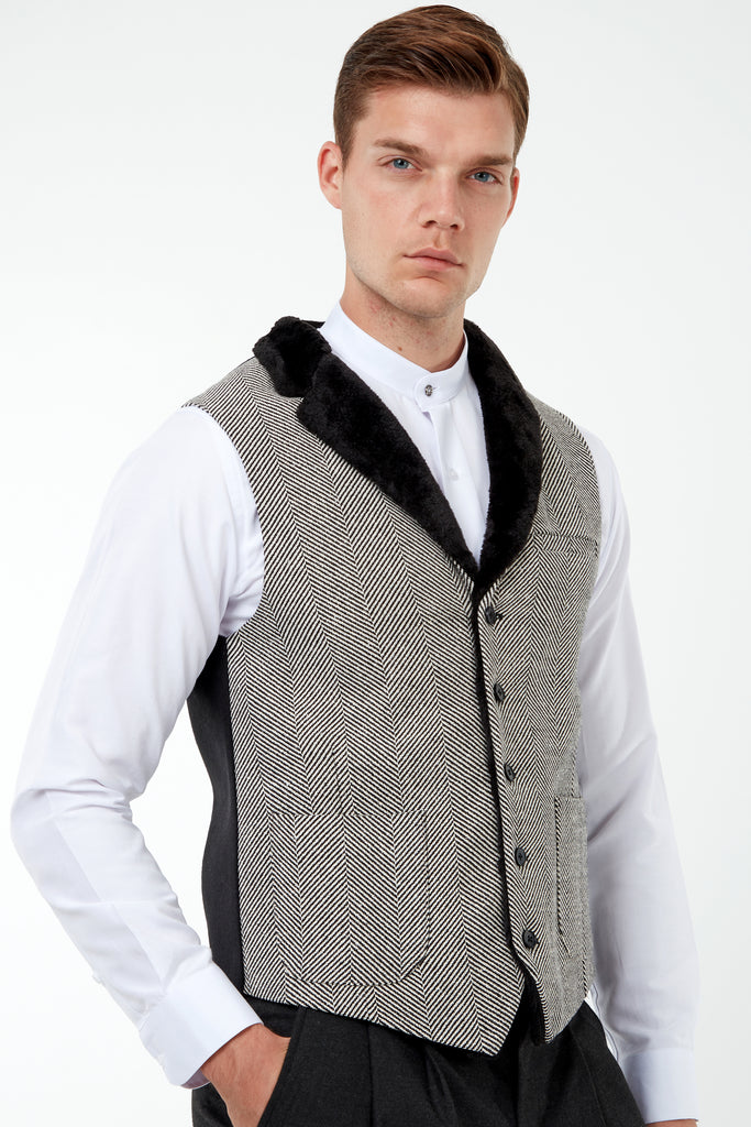 MAX - Black & White Herringbone Tweed-Look Waistcoat with Faux Fur - Jack Martin Menswear