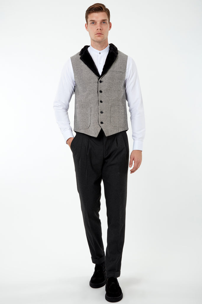 MAX - Black & White Herringbone Tweed-Look Waistcoat with Faux Fur - Jack Martin Menswear