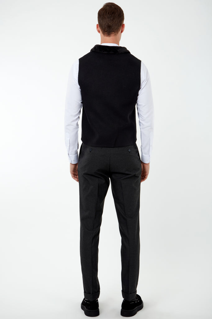 MAX - Black & White Herringbone Tweed-Look Waistcoat with Faux Fur - Jack Martin Menswear