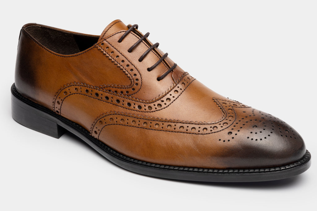 CHARLES - Tan Handmade Burnished Leather Brogue Oxford Shoes - Jack Martin