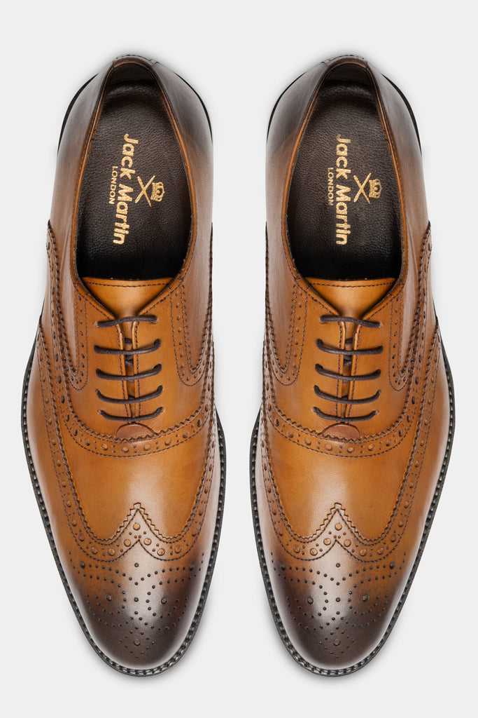 CHARLES - Tan Handmade Burnished Leather Brogue Oxford Shoes - Jack Martin