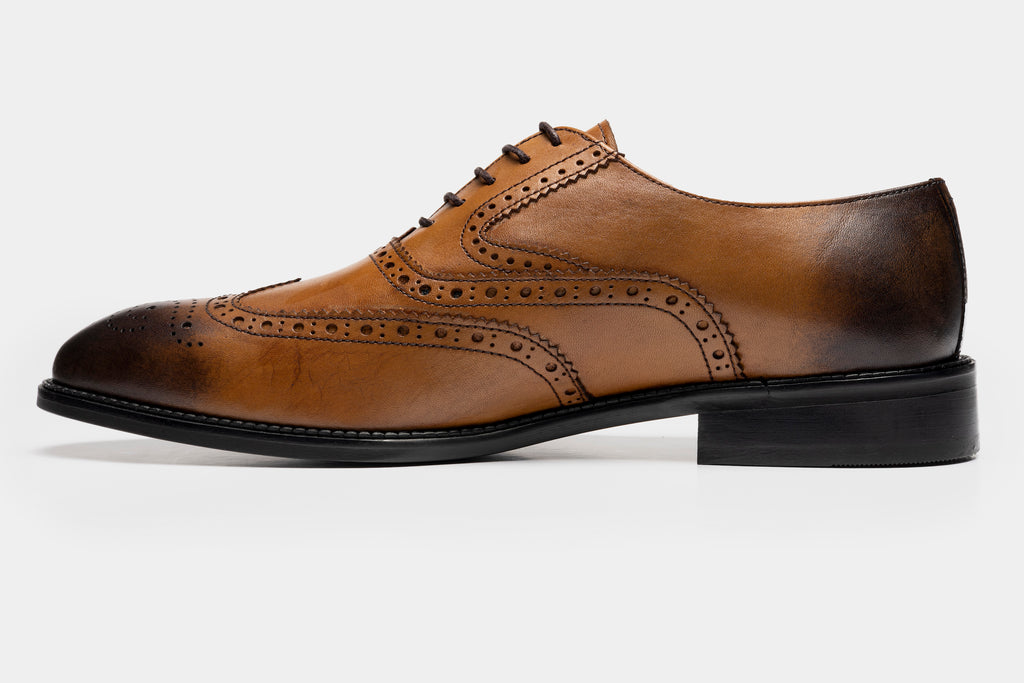 CHARLES - Tan Handmade Burnished Leather Brogue Oxford Shoes - Jack Martin