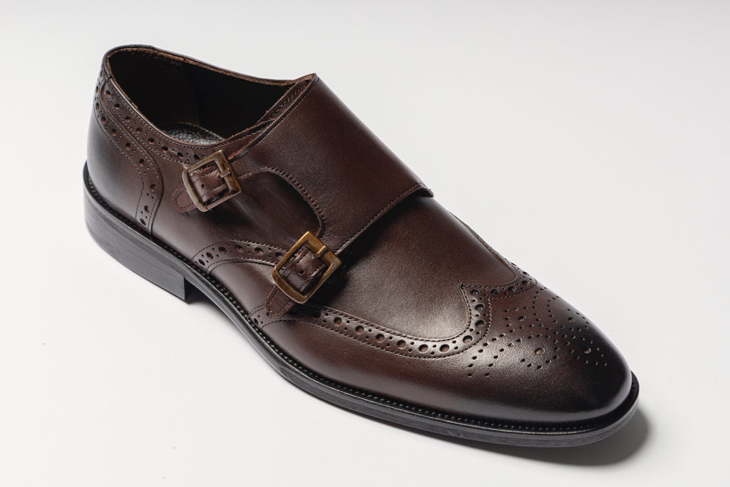 BLAKE - Brown Handmade Burnished Leather Double Monk Strap Shoes - Jack Martin