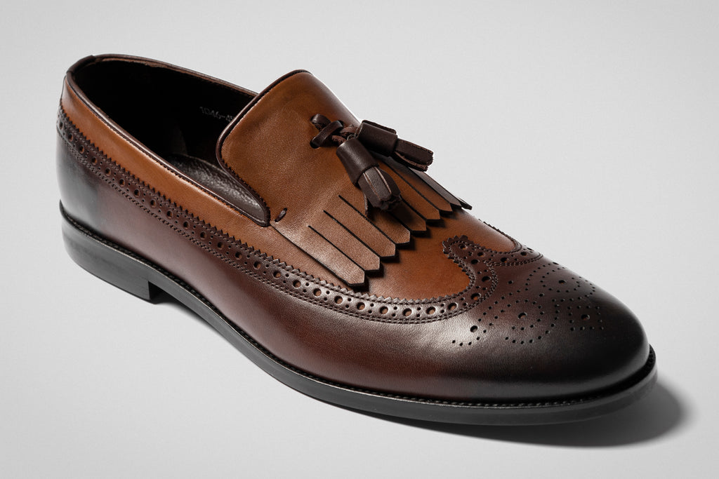 MILANO - Brown & Tan Handmade Brogue Tassel Loafers with Fringe - Jack Martin