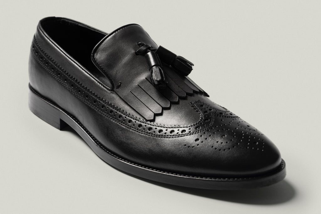 MILANO - Black & Grey Handmade Brogue Tassel Loafers with Fringe - Jack Martin