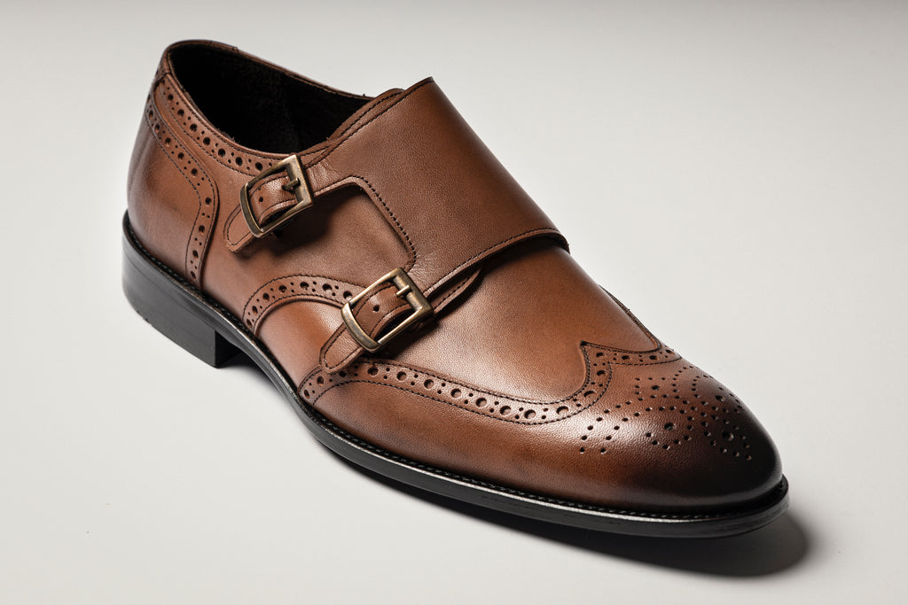 BLAKE - Tan Handmade Burnished Leather Double Monk Strap Shoes - Jack Martin Menswear