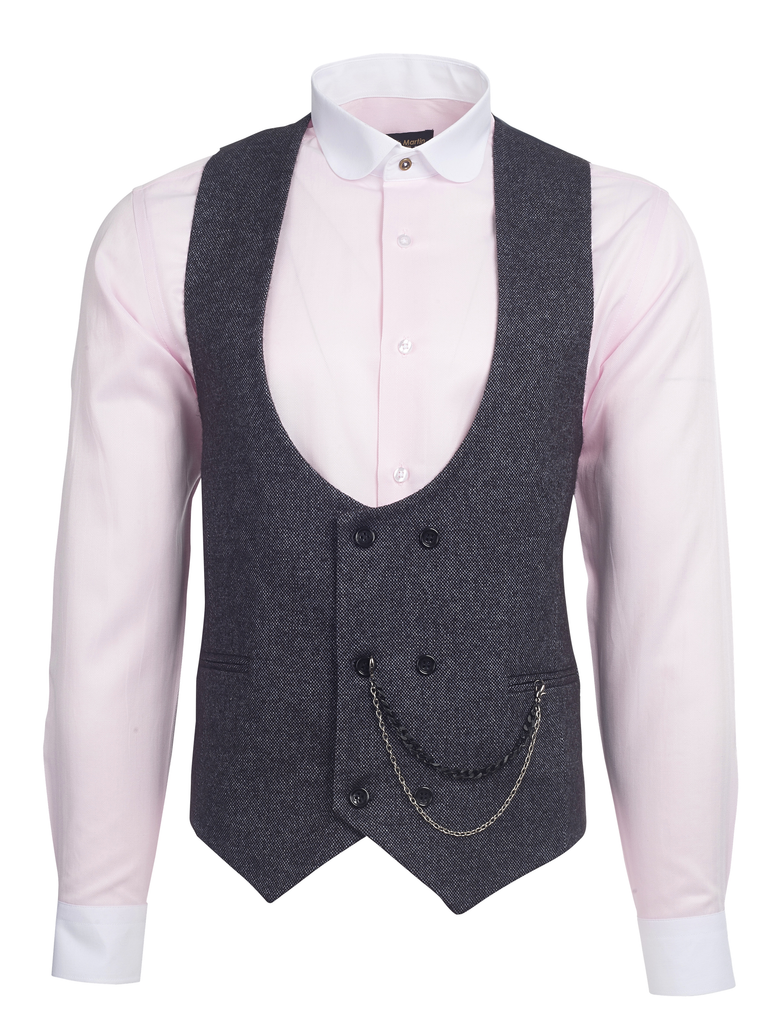 Black & Multi Colour Birdseye Tweed Double Breasted Waistcoat - Jack Martin Menswear