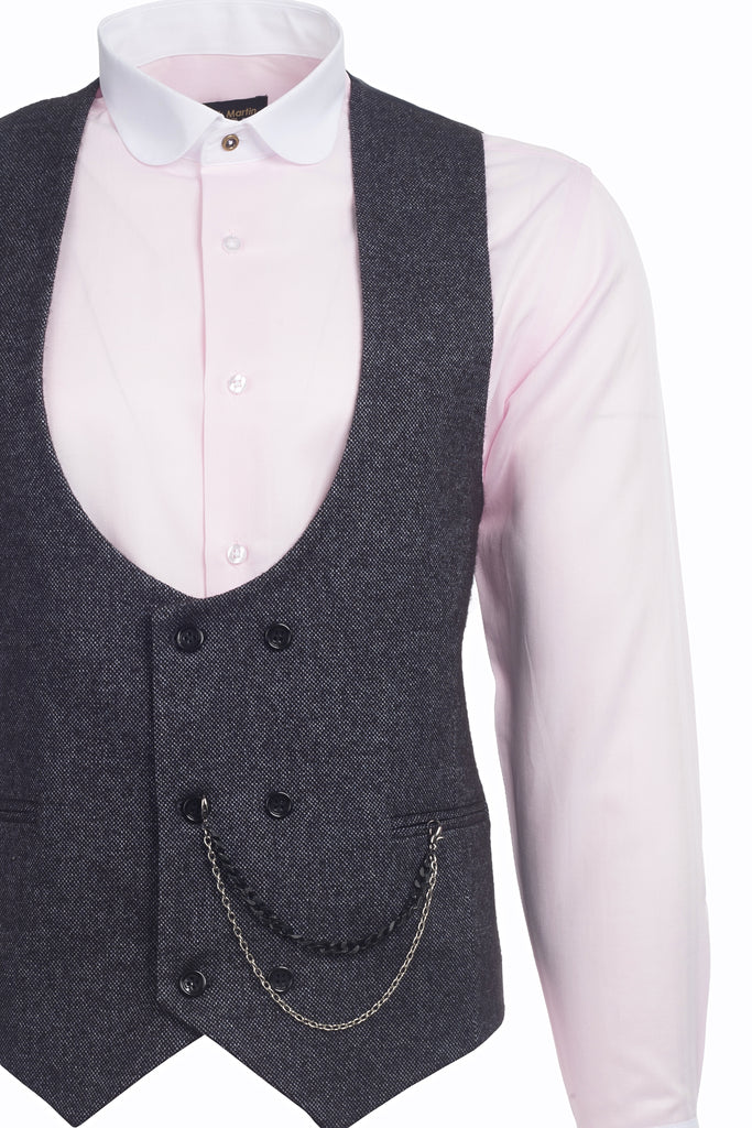 Black & Multi Colour Birdseye Tweed Double Breasted Waistcoat - Jack Martin Menswear