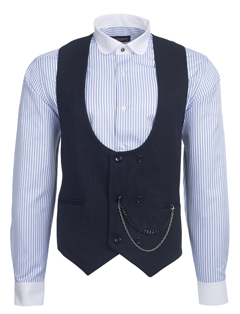 Navy Diagonal Wool Double Breasted Waistcoat - Jack Martin Menswear