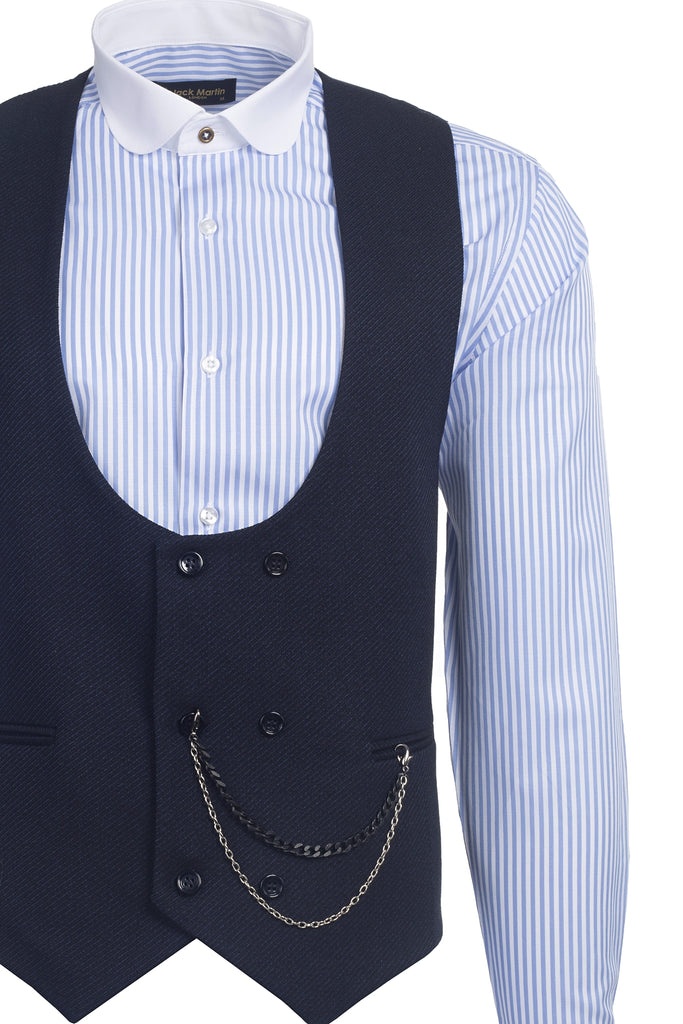 Navy Diagonal Wool Double Breasted Waistcoat - Jack Martin Menswear