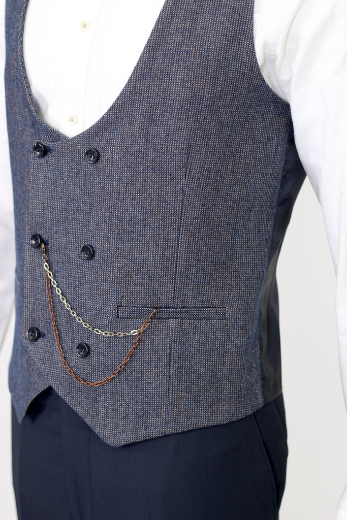 Navy & Multi Colour Diagonal Tweed Waistcoat - Jack Martin Menswear