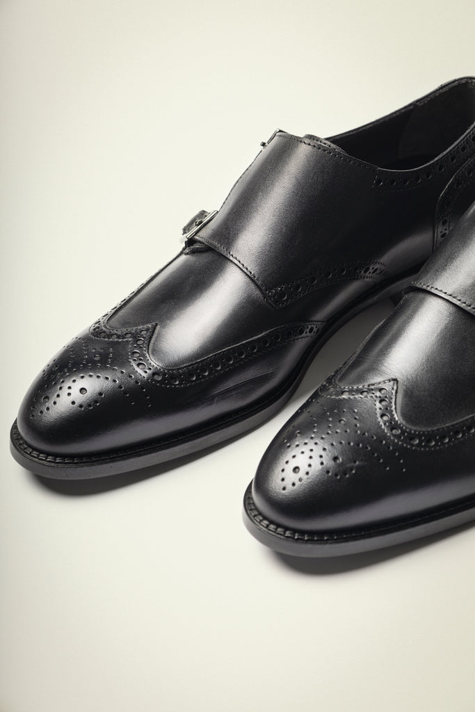 BLAKE - Black Handmade Leather Double Monk Strap Shoes - Jack Martin Menswear