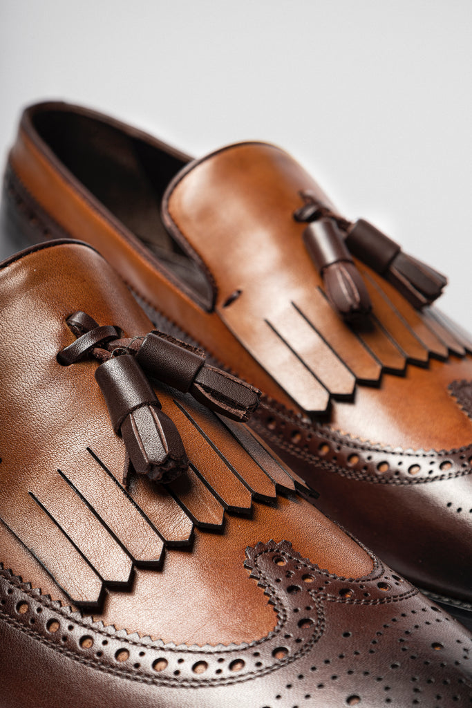 MILANO - Brown & Tan Handmade Brogue Tassel Loafers with Fringe - Jack Martin