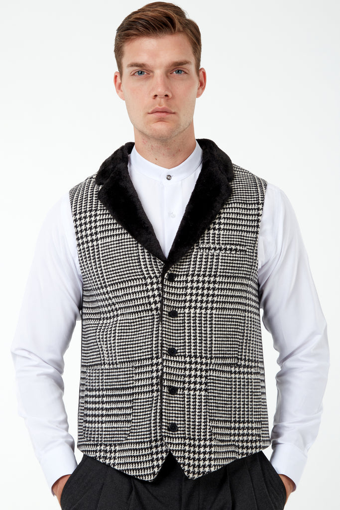 MAX - Black & White Glen Check Tweed-Look Waistcoat with Faux Fur - Jack Martin Menswear