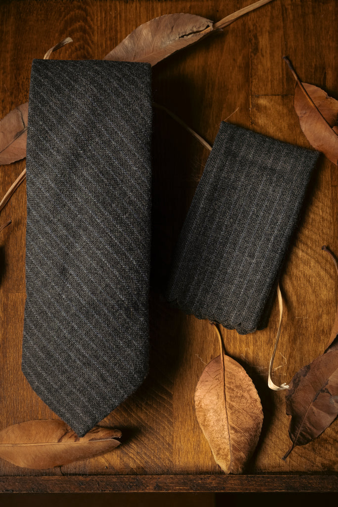 Tie & Hanky Set: Charcoal Grey Stripe Wool Tie & Hanky - Jack Martin