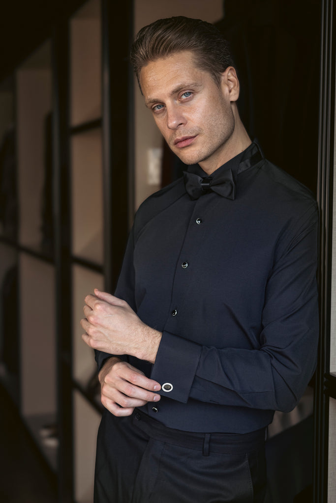 WILLIAM - Black Wing Collar Double Cuff Dress Shirt - Jack Martin