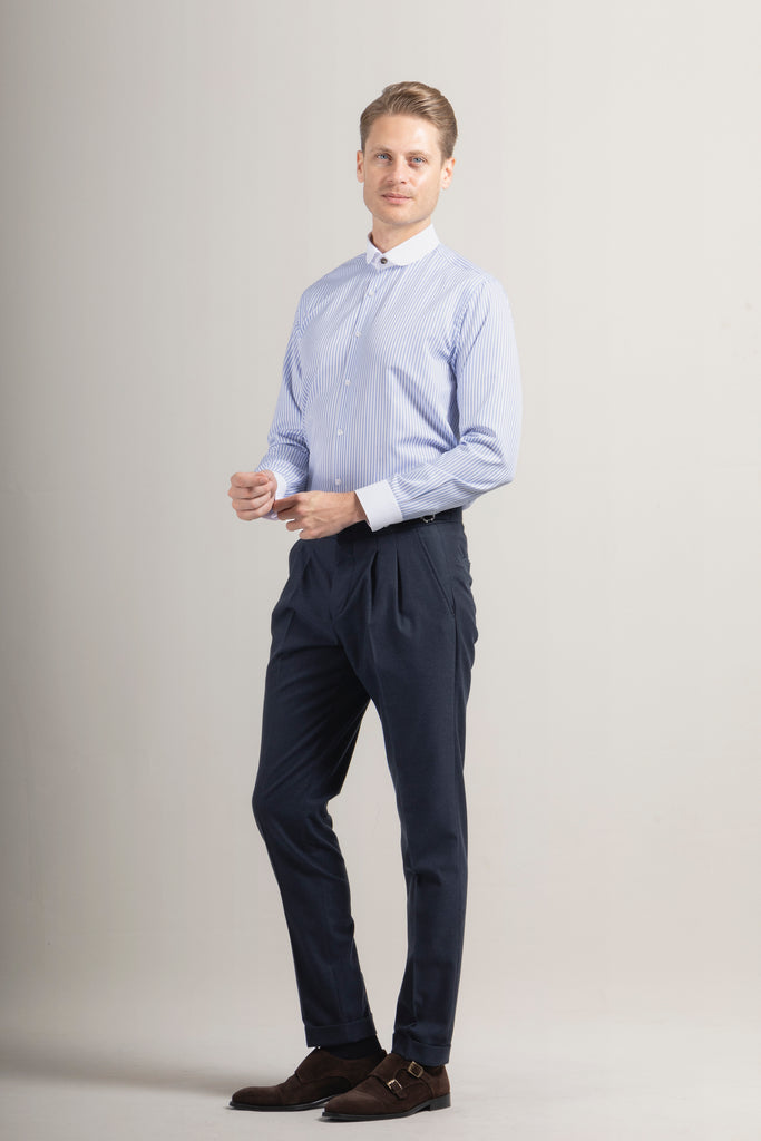 Peaky Blinders Style - Blue & White Bengal Stripe Slim Fit Shirt - Jack Martin Menswear