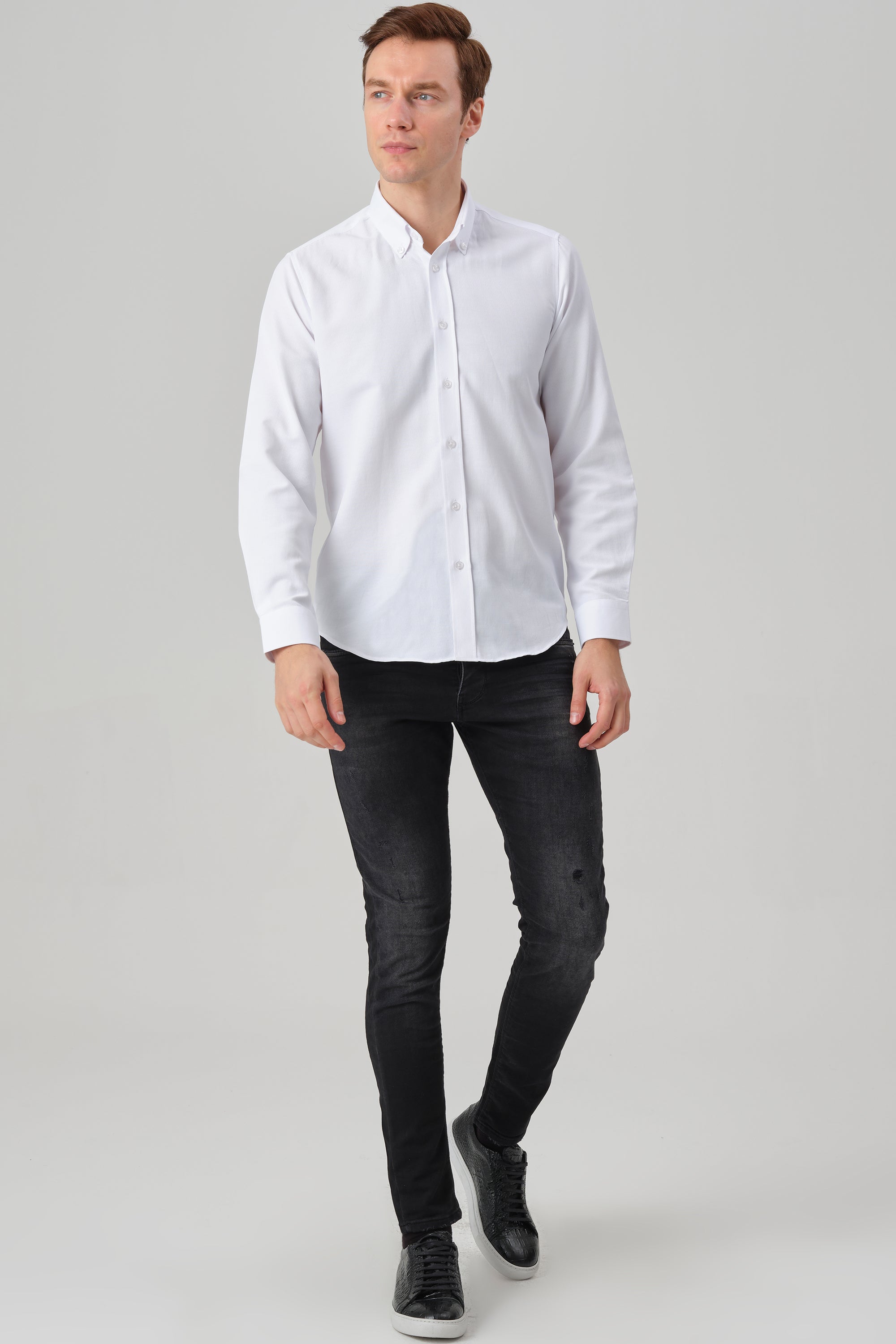 LIAM - White Dobby Stripe Button Down Casual Shirt - Jack Martin